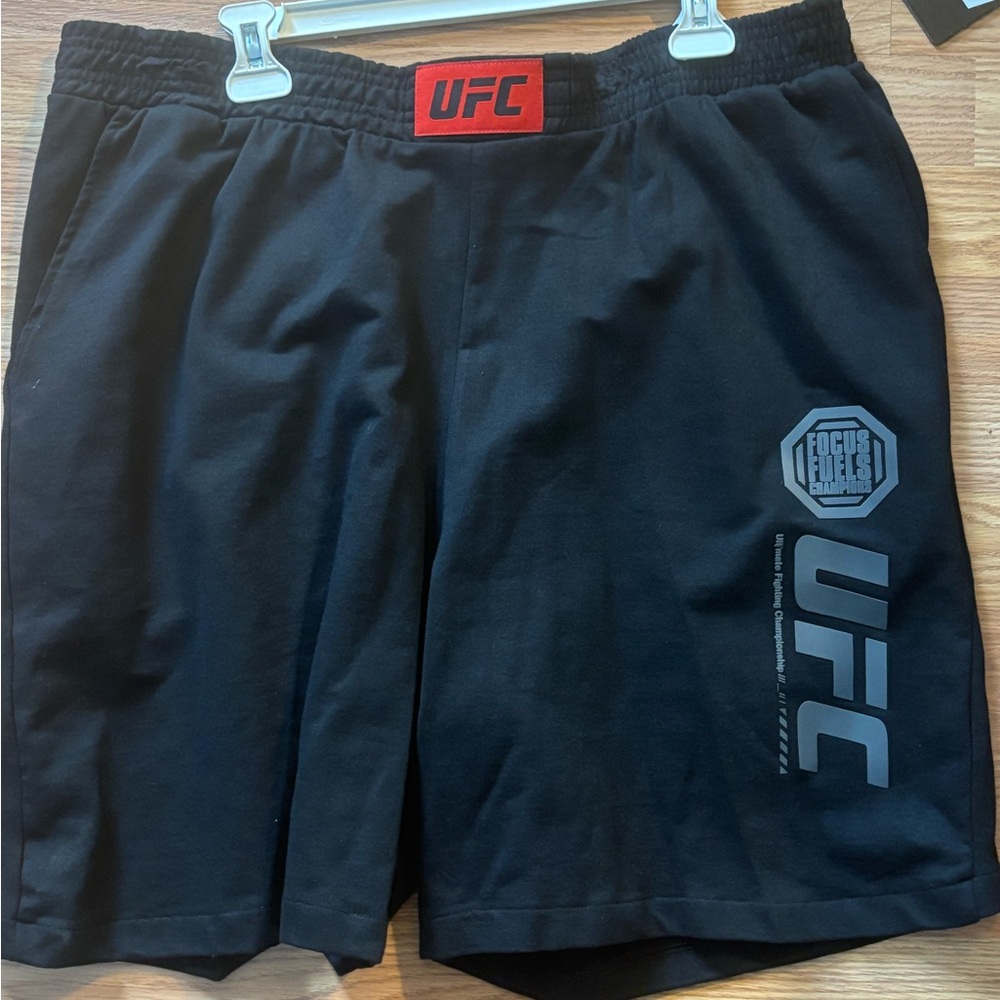 UFC Black Athletic Training Shorts with Red Logo Patch - Large brand new